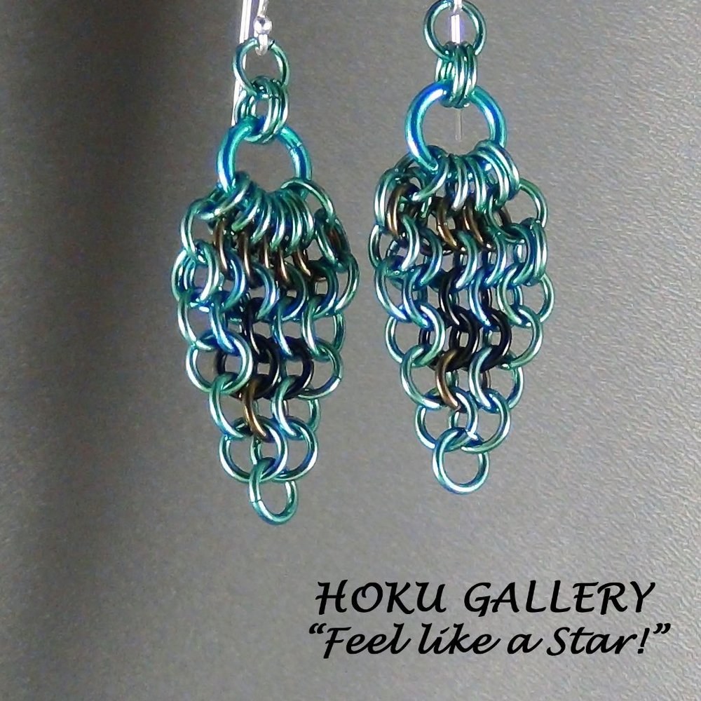 NWOT Earrings Chainmaille Peacock Feather Niobium & Enameled, Handmade - 2 1/8"